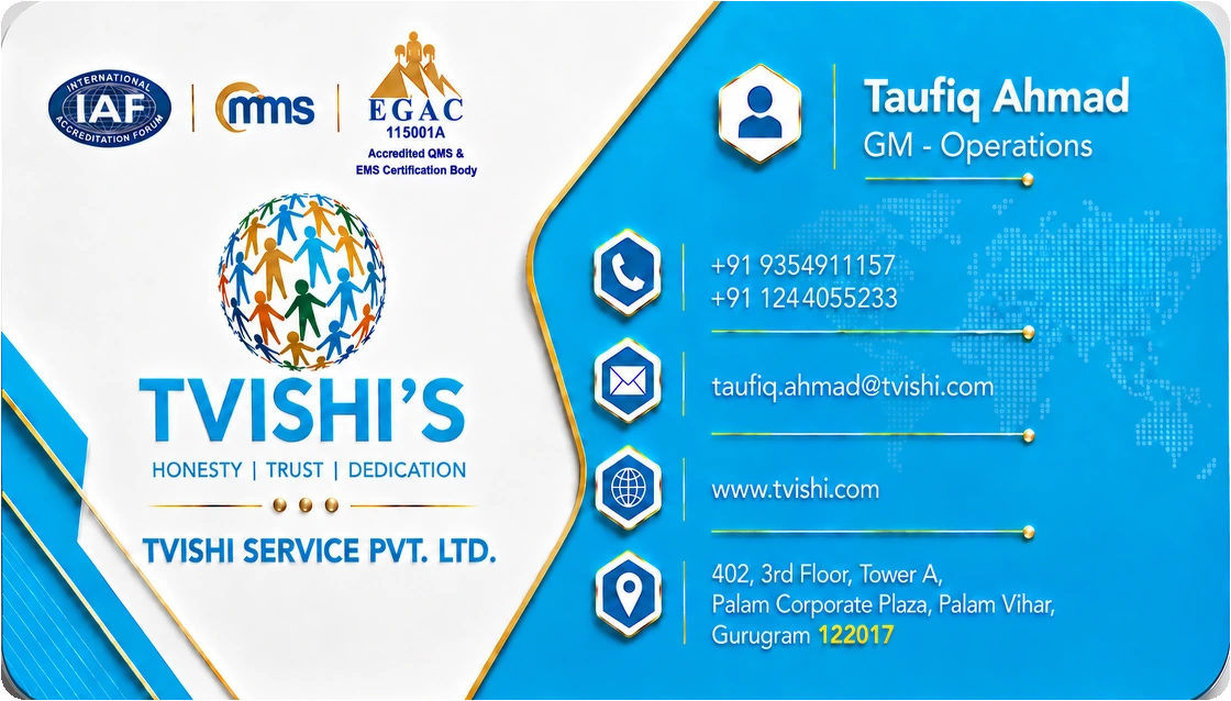 TVISHI'S business card front - Taufiq Ahmad, GM - Operations
